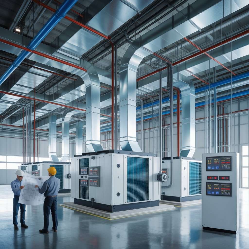 Industrial and commercial HVAC system design illustration showing ductwork, air handling units, ventilation systems, and temperature control layout.