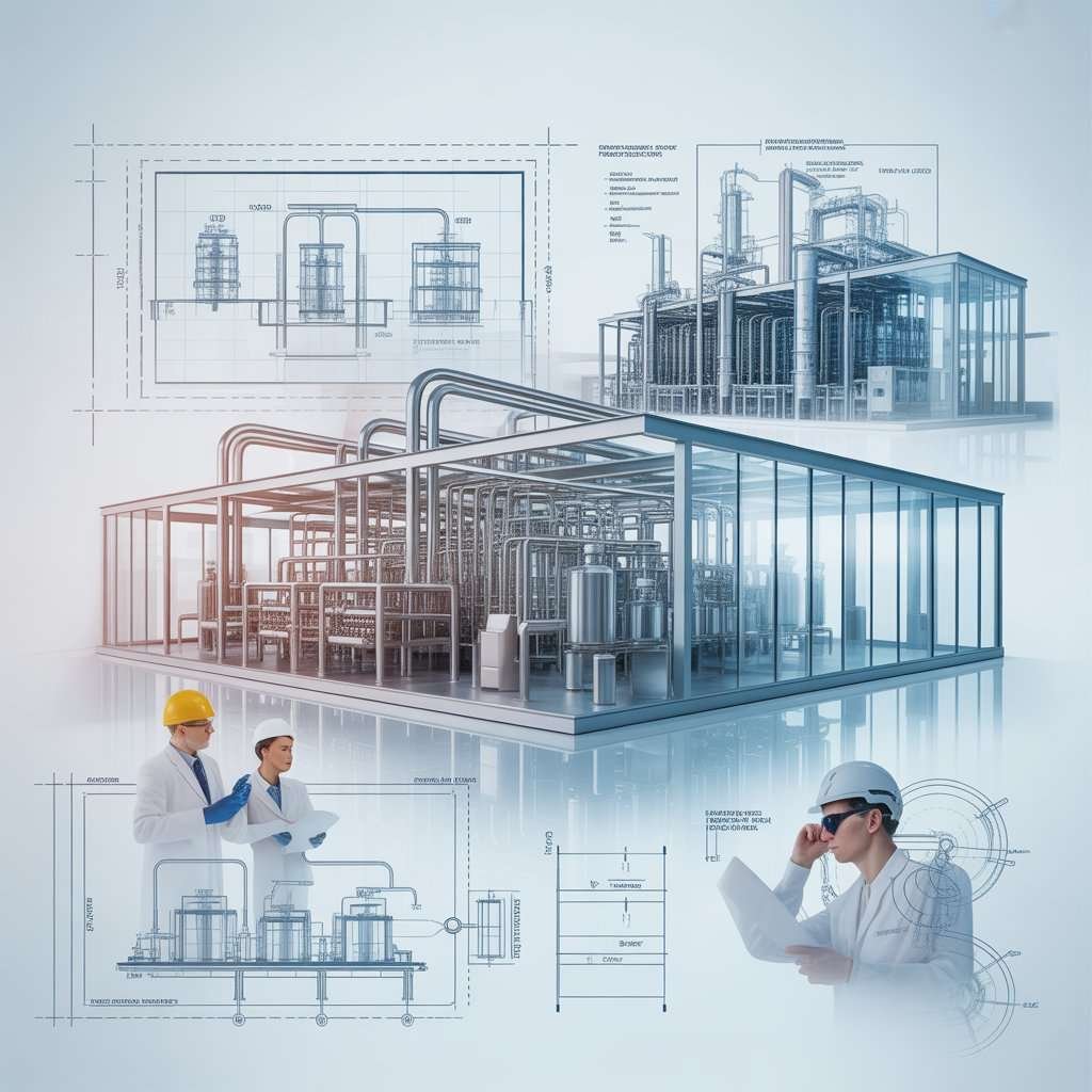 Pharmaceutical plant engineering and design consultancy services infographic showing GMP-compliant layout planning, cleanroom design, HVAC systems, and turnkey pharma project solutions.