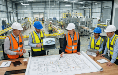 Five engineering consultants in hard hats and vests review a detailed factory blueprint on a table in a modern industrial setting.