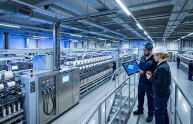 An ultra-modern textile manufacturing plant interior featuring large spinning machines, blue and white cinematic lighting, and two engineers in the foreground reviewing digital factory layout plans on a tablet.