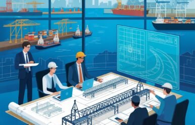 Marine engineering consultants planning port infrastructure development with ships, docks, and industrial coastal structures in Ahmedabad