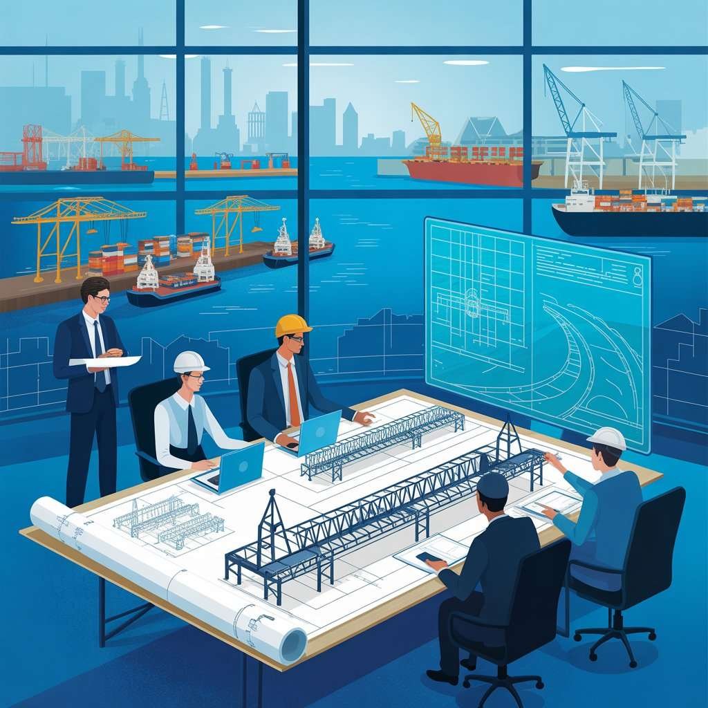 Marine engineering consultants planning port infrastructure development with ships, docks, and industrial coastal structures in Ahmedabad