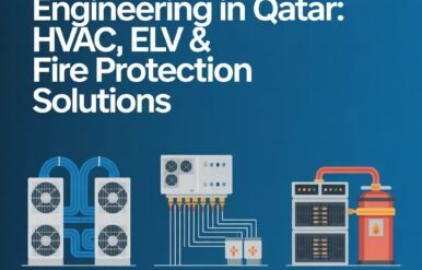 Data center engineering in Qatar showing HVAC systems, ELV solutions, and fire protection infrastructure for secure and efficient facilities