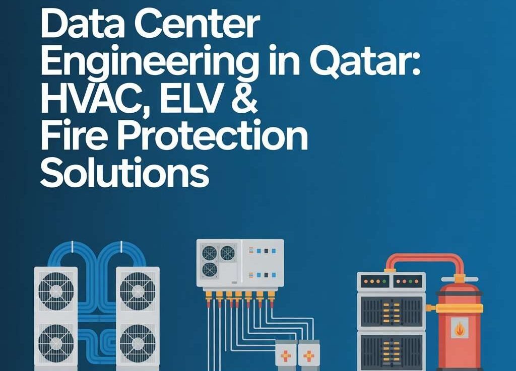 Data center engineering in Qatar showing HVAC systems, ELV solutions, and fire protection infrastructure for secure and efficient facilities