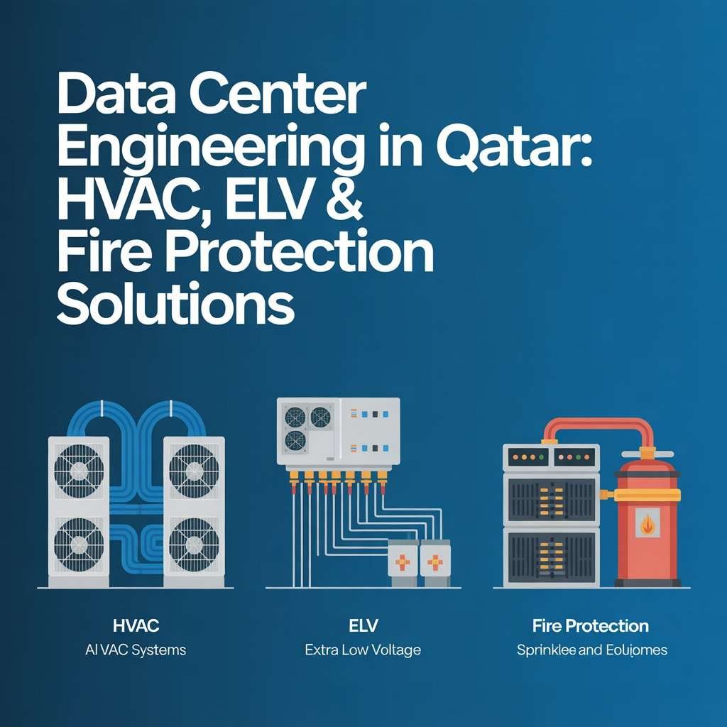 Data center engineering in Qatar showing HVAC systems, ELV solutions, and fire protection infrastructure for secure and efficient facilities