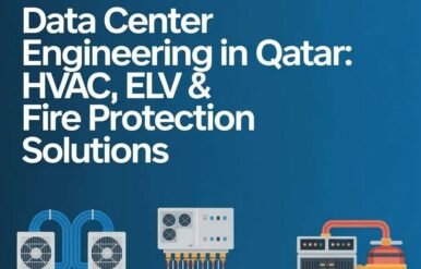 Data center engineering in Qatar showing HVAC systems, ELV solutions, and fire protection infrastructure for secure and efficient facilities