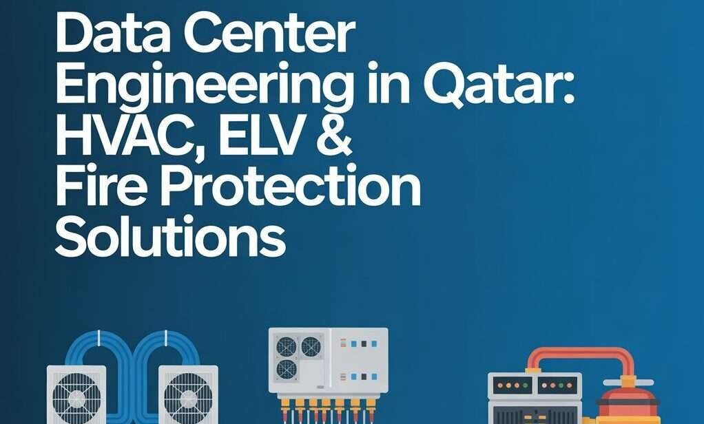 Data center engineering in Qatar showing HVAC systems, ELV solutions, and fire protection infrastructure for secure and efficient facilities