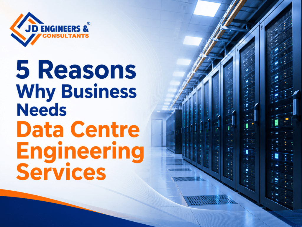 Professional infographic showing 5 reasons why businesses need data centre engineering services, including scalable infrastructure, reliable power systems, cooling efficiency, data security, and operational continuity.