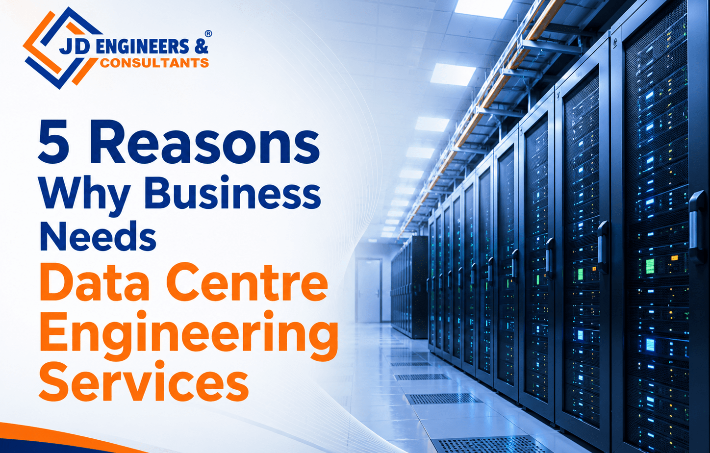Professional infographic showing 5 reasons why businesses need data centre engineering services, including scalable infrastructure, reliable power systems, cooling efficiency, data security, and operational continuity.