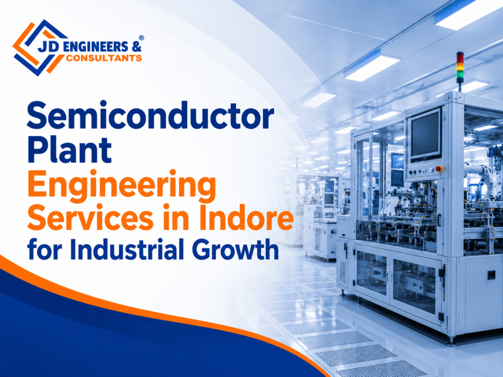 Modern semiconductor manufacturing facility with advanced engineering infrastructure and industrial automation representing semiconductor plant engineering services in Indore.