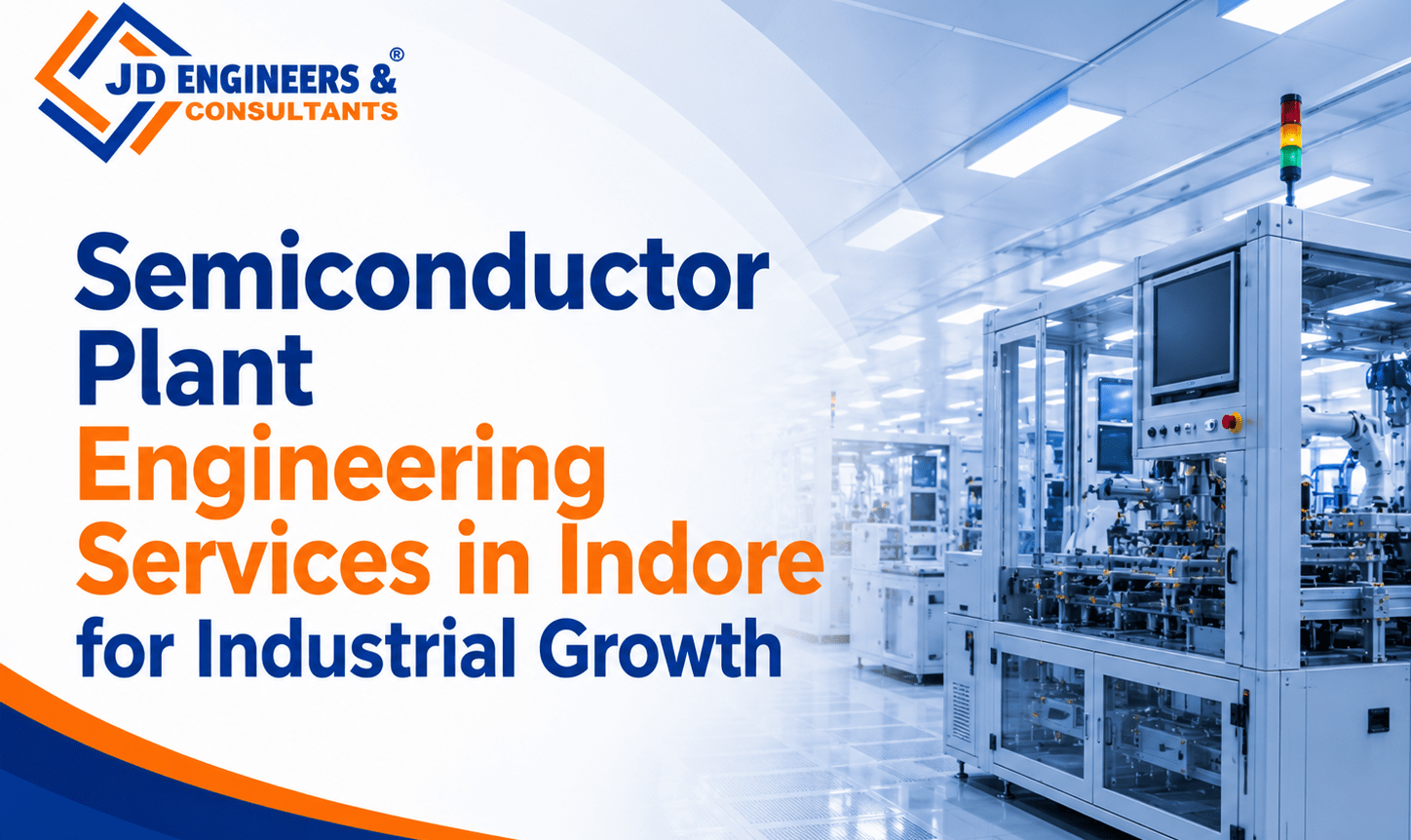 Modern semiconductor manufacturing facility with advanced engineering infrastructure and industrial automation representing semiconductor plant engineering services in Indore.