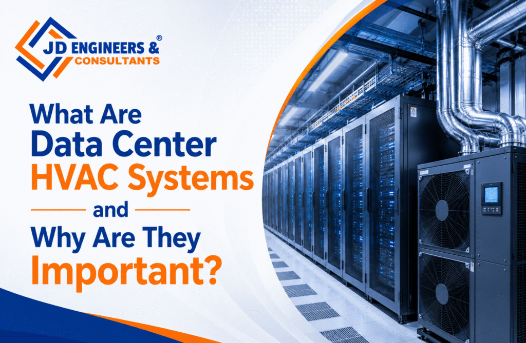 Modern data center HVAC systems with industrial cooling units, server racks, ventilation ducts, and temperature-controlled infrastructure in a high-tech facility environment.