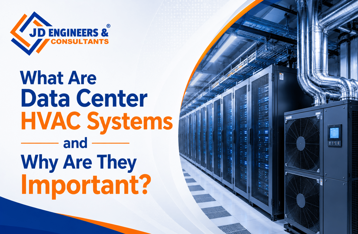 Modern data center HVAC systems with industrial cooling units, server racks, ventilation ducts, and temperature-controlled infrastructure in a high-tech facility environment.
