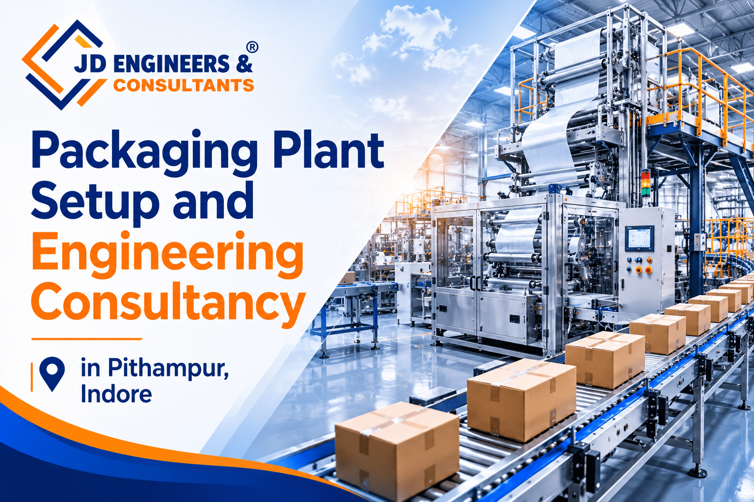 Modern packaging plant setup with industrial machinery, automated conveyor systems, and engineering consultancy visualization for manufacturing facilities in Pithampur, Indore by JD Engineers & Consultants